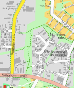 Maastokatselmusalue kartalla Vähänummen yritysalueella