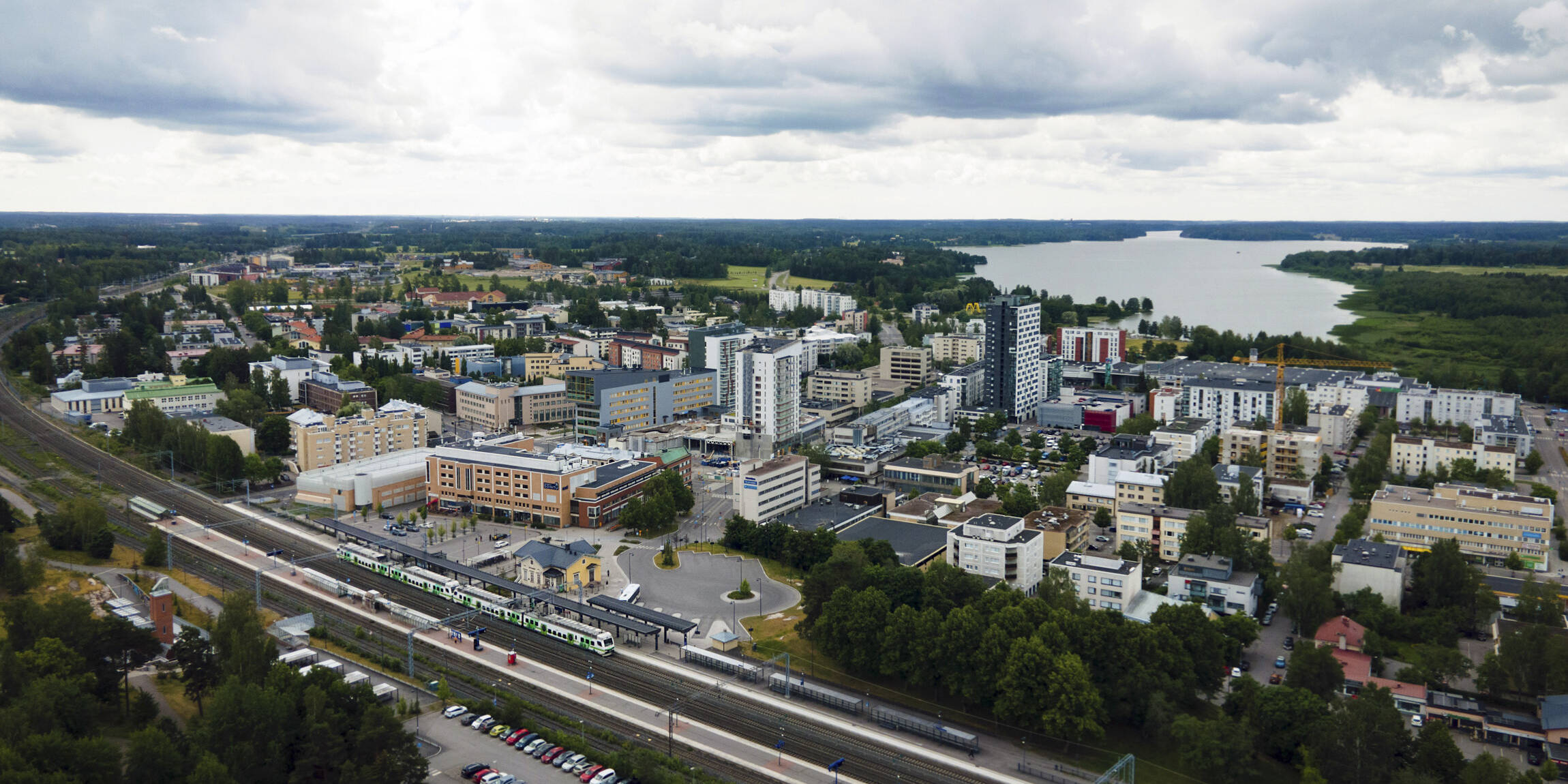 Aerial view of Järvenpää city centre. The town in the northern part of Lake Tuusula.