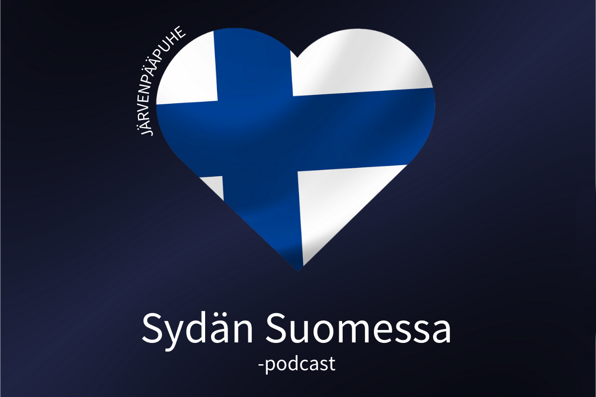 The look of the Heart of Finland podcast, a heart-shaped blue cross flag.