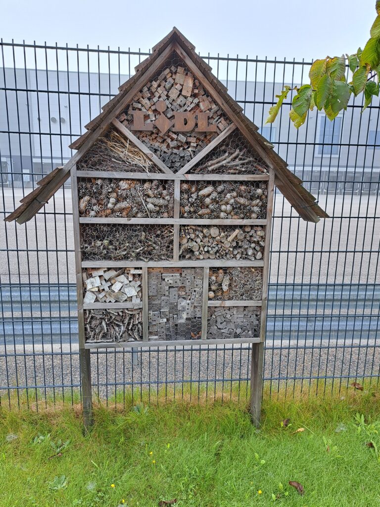 Kuvassa on hyönteishotelli, jonka yläosassa on puusta tehty Lidl-logo. Hotellin sisällä on erilaisia luonnonmateriaaleja, kuten käpyjä, puunpaloja ja oksia, jotka tarjoavat pesäpaikkoja hyönteisille. Taustalla näkyy metalliaita ja teollisuusrakennus.