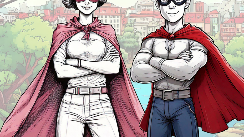 Kuvassa on kaksi piirroshahmoa, mies ja nainen, jotka ovat pukeutuneet supersankareiden asuihin, yllään punaiset viitat ja silmämaskit. He seisovat itsevarmoina, kädet ristissä rinnalla, taustalla vehreä maisema ja kaupunkinäkymä. Kuvan yläosassa teksti 'Ympäristösankareita?' ja alaosassa teksti 'Järkevä-palkinto' sekä Järvenpään kaupungin logo