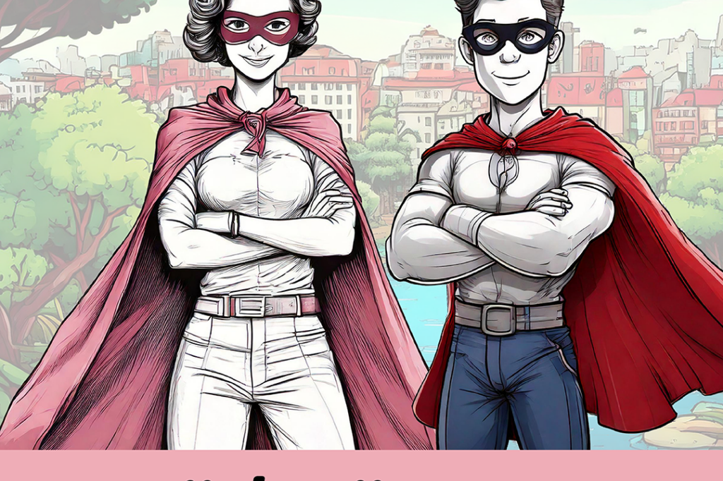 Kuvassa on kaksi piirroshahmoa, mies ja nainen, jotka ovat pukeutuneet supersankareiden asuihin, yllään punaiset viitat ja silmämaskit. He seisovat itsevarmoina, kädet ristissä rinnalla, taustalla vehreä maisema ja kaupunkinäkymä. Kuvan yläosassa teksti 'Ympäristösankareita?' ja alaosassa teksti 'Järkevä-palkinto' sekä Järvenpään kaupungin logo