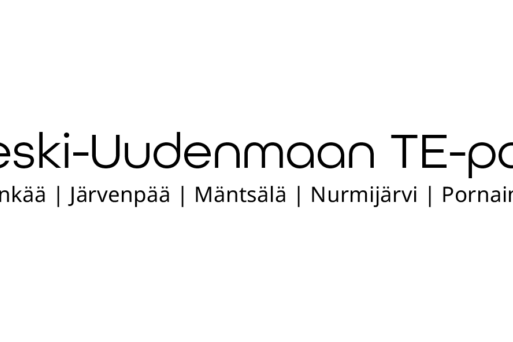 Keski-Uudenmaan TE-palvelut logo – Logo, jossa on kuusikulmainen, kolmioista koostuva kuvio. Kolmiot ovat eri väreissä: violetti, vaaleanvioletti, oranssi ja punainen. Kuvion vieressä lukee