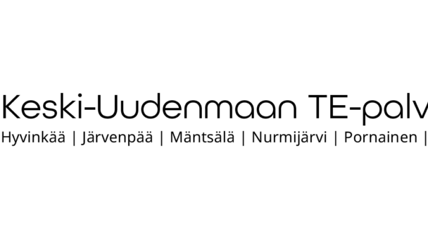 Keski-Uudenmaan TE-palvelut logo – Logo, jossa on kuusikulmainen, kolmioista koostuva kuvio. Kolmiot ovat eri väreissä: violetti, vaaleanvioletti, oranssi ja punainen. Kuvion vieressä lukee 