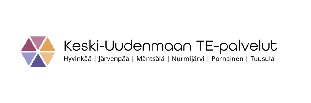 Keski-Uudenmaan TE-palvelut logo – Logo, jossa on kuusikulmainen, kolmioista koostuva kuvio. Kolmiot ovat eri väreissä: violetti, vaaleanvioletti, oranssi ja punainen. Kuvion vieressä lukee