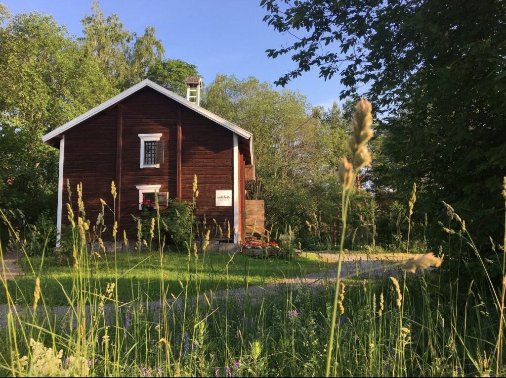 Punainen perinteinen hirsirakennus vehreässä ympäristössä kesäillan auringonvalossa. Etualalla kasvaa luonnonkukkia ja heiniä. Rakennuksen seinässä on kyltti, jossa lukee "Vellikello Kammari". Pihalla näkyy kukkaistutuksia, ja taustalla on vehreitä puita ja sininen taivas. Tunnelma on idyllinen ja rauhallinen.