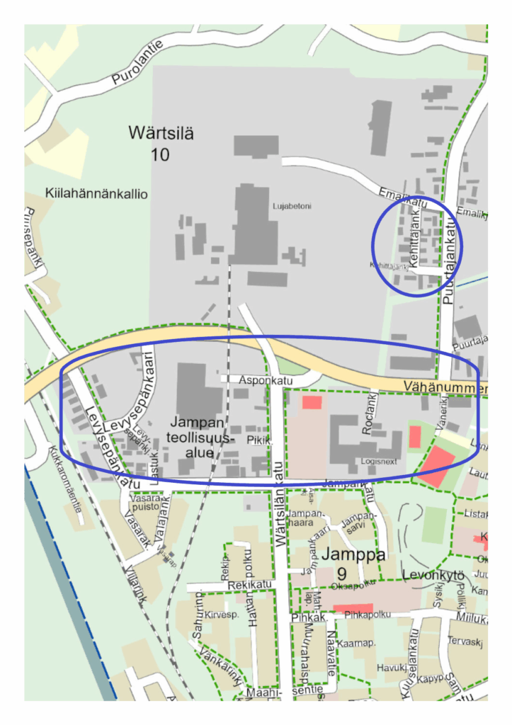 Karttakuva Järvenpään alueesta, jossa näkyy Wärtsilän tehdasalue, Jampan teollisuusalue sekä Vähänummen yritysalue. Karttaan on merkitty sinisillä ympyröillä ja soikioilla teollisuusalueiden rajauksia sekä ympäröivät kadut.