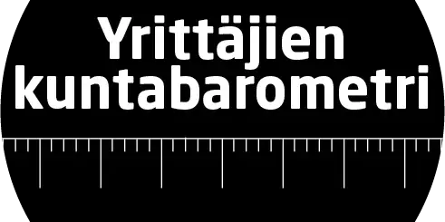 Musta, pyöreä logo, jossa valkoisella teksti ”Yrittäjien kuntabarometri 2026” ja ylä- sekä alareunassa viivamaisia mitta-asteikon merkintöjä.
