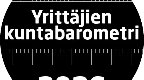 Musta, pyöreä logo, jossa valkoisella teksti ”Yrittäjien kuntabarometri 2026” ja ylä- sekä alareunassa viivamaisia mitta-asteikon merkintöjä.