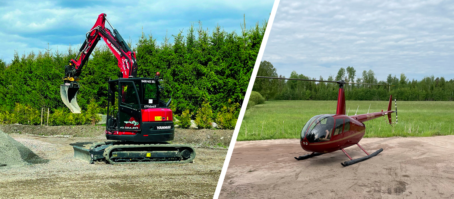 Punainen kaivinkone työmaalla metsän reunassa ja punainen helikopteri nurmikentällä vierekkäin jaettuna kuvana.