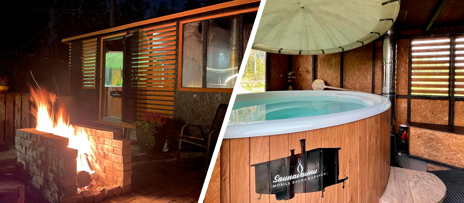 Saunavaunu ja ulkotulipaikka iltahämärässä sekä puuverhoiltu palju saunatilassa vierekkäin jaettuna kuvana.