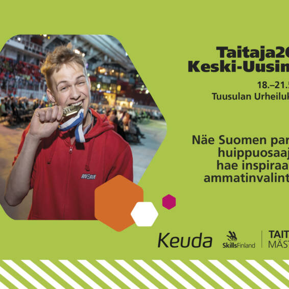 Nuori mies puree mitalia suuressa tapahtumahallissa yleisön edessä. Vieressä vihreällä taustalla teksti: “Taitaja2026 Keski-Uusimaa, 18.–21.5.2026, Tuusulan Urheilukeskus. Näe Suomen parhaat huippuosaajat ja hae inspiraatiota ammatinvalintaan!” Alareunassa Keudan ja Taitaja2026-logot.