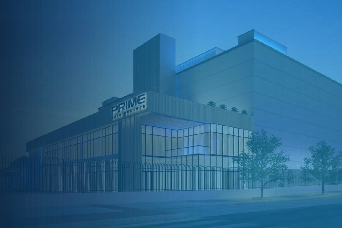 Moderni PRIME Data Centers -konesalirakennus sinisävyisessä valaistuksessa. Rakennuksen edustalla on korkea turva-aita ja ympärillä muutamia puita. Kuvassa korostuvat teknologinen ilme, suuret lasipinnat ja massiivinen infrastruktuuri.