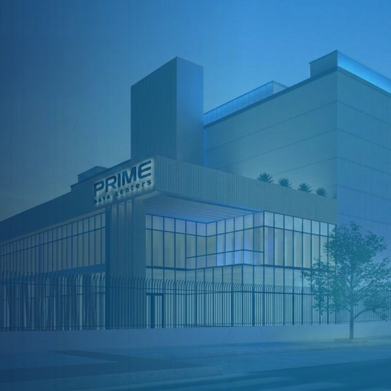 Moderni PRIME Data Centers -konesalirakennus sinisävyisessä valaistuksessa. Rakennuksen edustalla on korkea turva-aita ja ympärillä muutamia puita. Kuvassa korostuvat teknologinen ilme, suuret lasipinnat ja massiivinen infrastruktuuri.