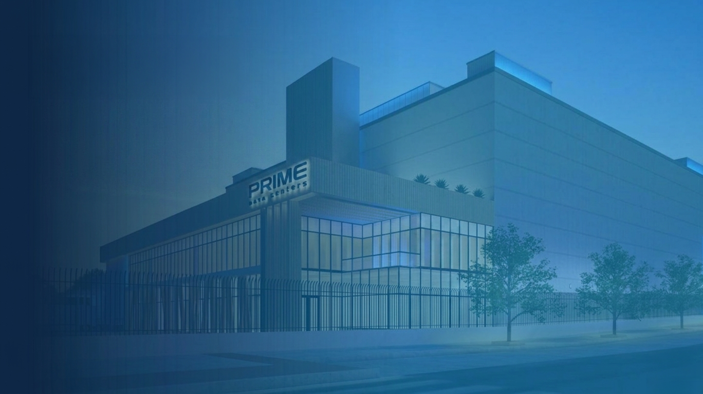 Moderni PRIME Data Centers -konesalirakennus sinisävyisessä valaistuksessa. Rakennuksen edustalla on korkea turva-aita ja ympärillä muutamia puita. Kuvassa korostuvat teknologinen ilme, suuret lasipinnat ja massiivinen infrastruktuuri.