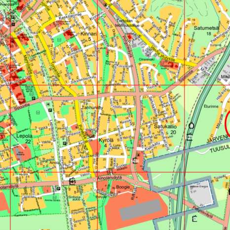 Kartta Järvenpään eteläosasta ja Tuusulan rajalta. Karttaan on merkitty katuja, rakennuksia, viheralueita ja rautatie. Punainen ympyrä osoittaa Mikonpelto II -yritysalueen sijainnin Järvenpään ja Tuusulan rajalla.