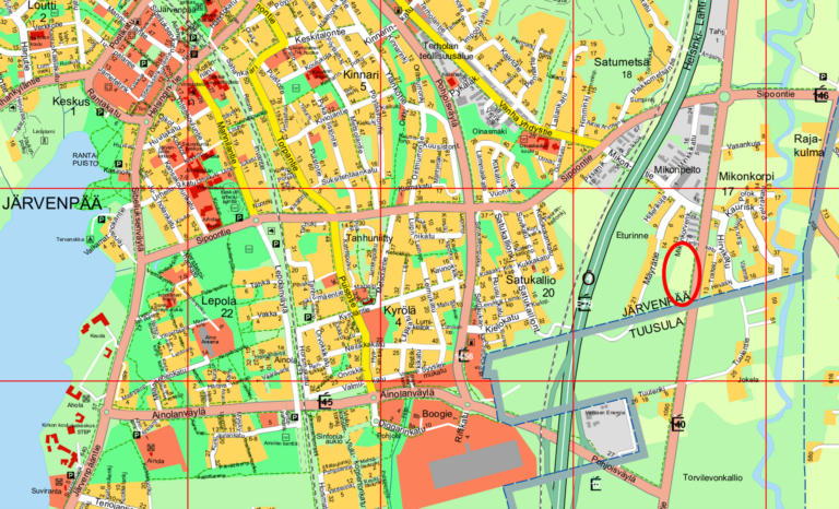 Kartta Järvenpään eteläosasta ja Tuusulan rajalta. Karttaan on merkitty katuja, rakennuksia, viheralueita ja rautatie. Punainen ympyrä osoittaa Mikonpelto II -yritysalueen sijainnin Järvenpään ja Tuusulan rajalla.